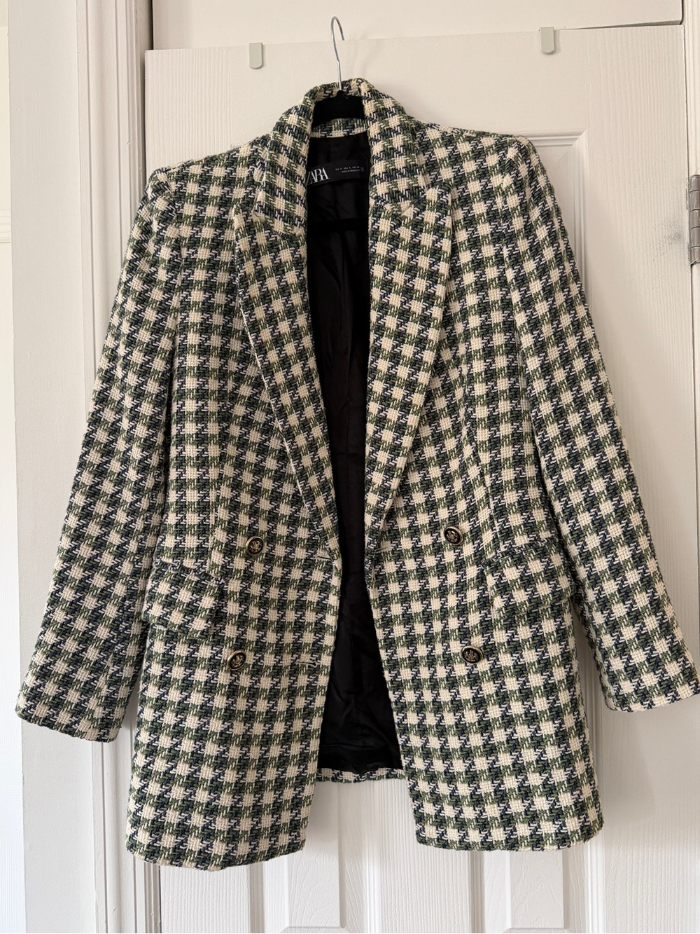 ZARA Green & Cream Houndstooth Double-Breasted Blazer